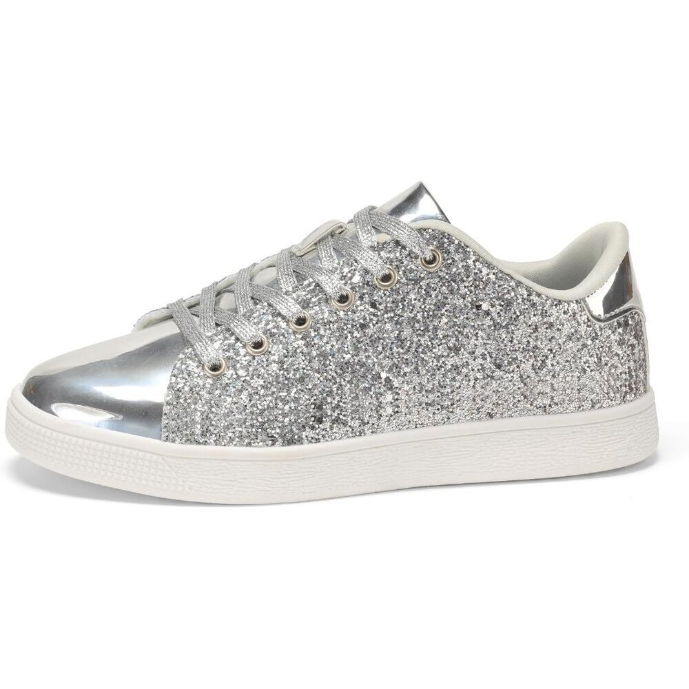 Women's Silver PU Glitter Lace up Sparkly Comfortable Fashion Sneakers